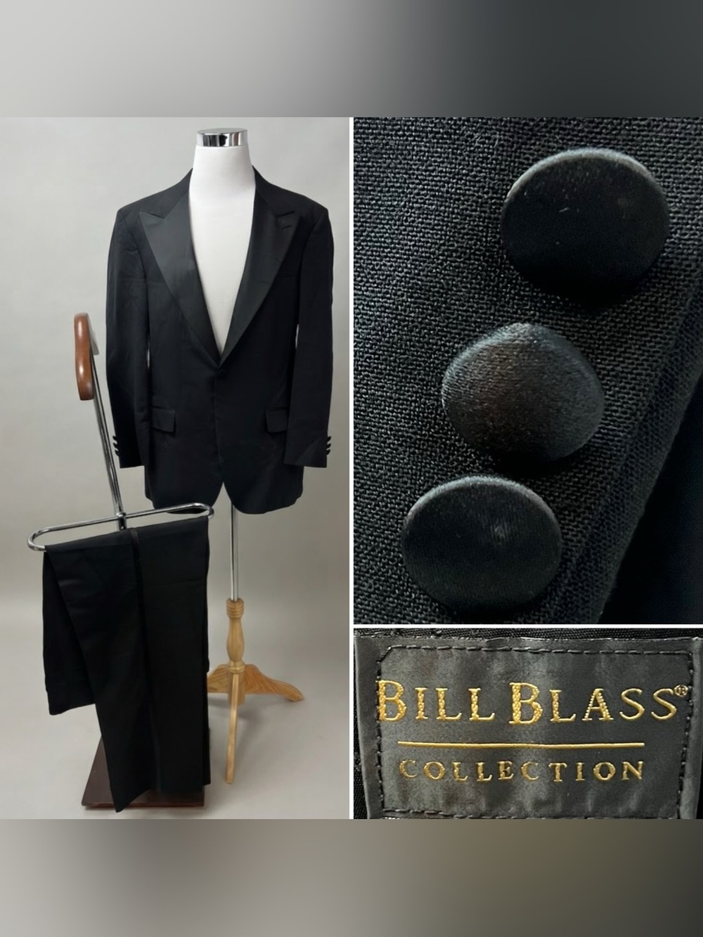 Bill Blass Vintage Men's 42R Blazer 36x32 Pant Black Wool Peak Lapel Tuxedo Suit